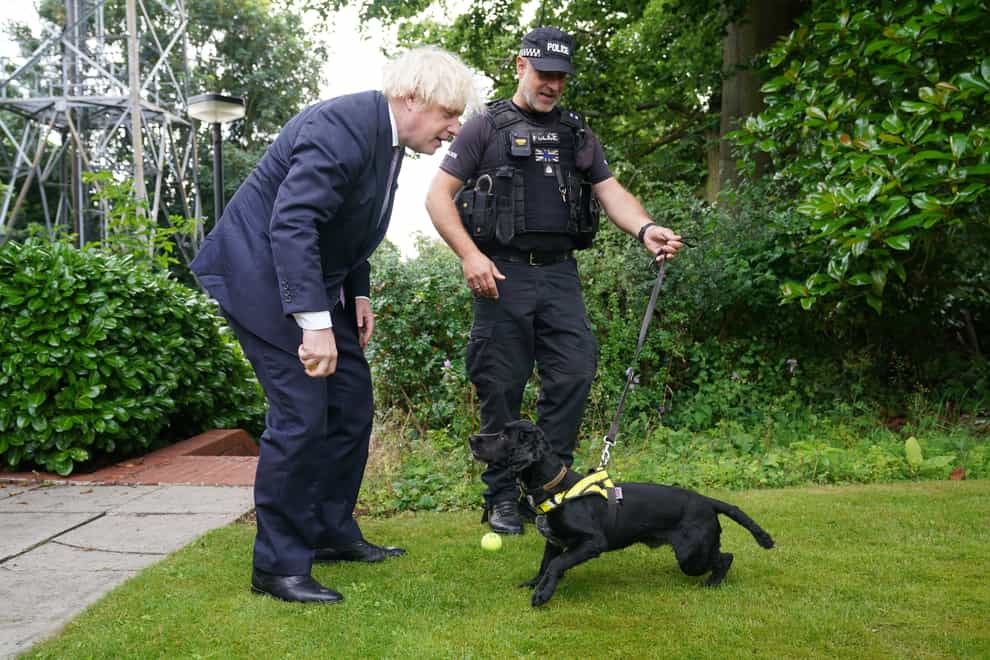 Prime Minister Boris Johnson speaks to Sergeant Dog Handler Mike Barnes as he throws a ball for six year old cocker spaniel Rebel, a proactive drugs dog, during a visit to Surrey Police headquarters in Guildford, Surrey, to coincide with the publication of the government’s Beating Crime Plan. Picture date: Tuesday July 27, 2021.