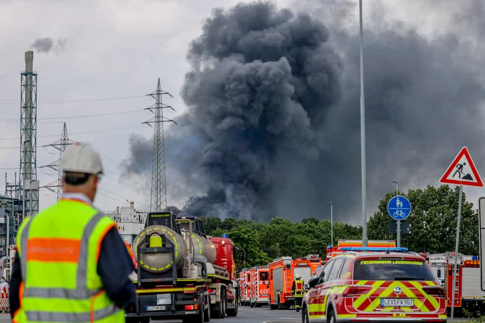 Emergency vehicles close to the blast site in Leverkusen (Oliver Berg/dpa via AP)