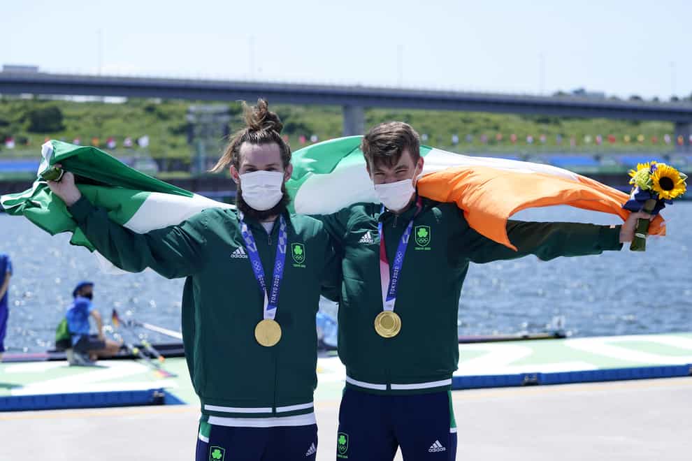 Ireland’s Paul O’Donovan and Fintan McCarthy with their gold medals after winning the lightweight double sculls (Danny Lawson/PA)