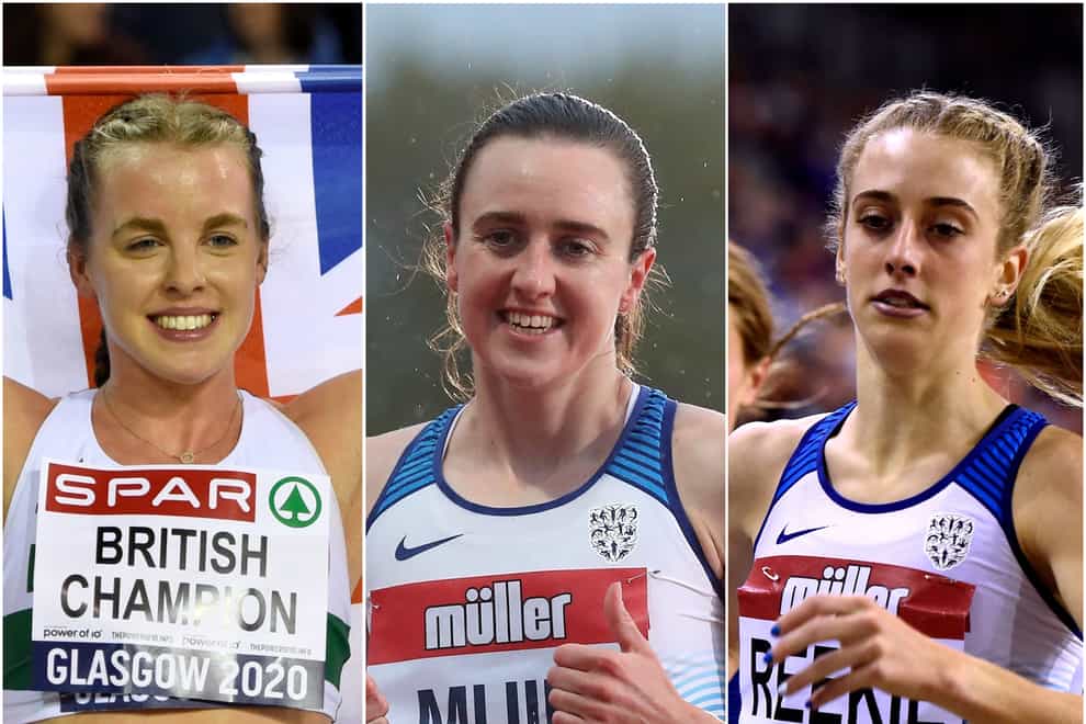 Laura Muir, centre, will run the 1500m, leaving the 800m to Keely Hodgkinson, left, and Jemma Reekie (Ian Rutherford/Martin Rickett/PA)