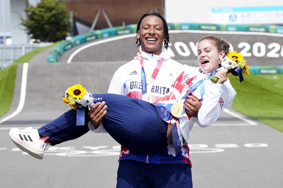Great Britain’s Bethany Shriever and Kye Whyte celebrate their gold and silver medals in the BMX Cycling at the Ariake Urban Sports Park (Danny Lawson/PA Images).