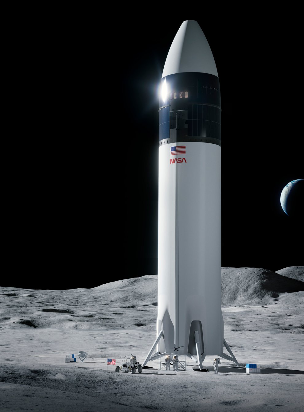 An illustration of the SpaceX Starship human lander design that will carry the first Nasa astronauts to the surface of the moon under the Artemis programme (SpaceX/NASA via AP)