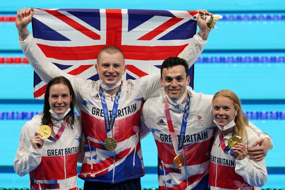 Kathleen Dawson, Adam Peaty, James Guy, and Anna Hopkin secured victory for Britain in the mixed 4x100m medley relay (Joe Giddens/PA)