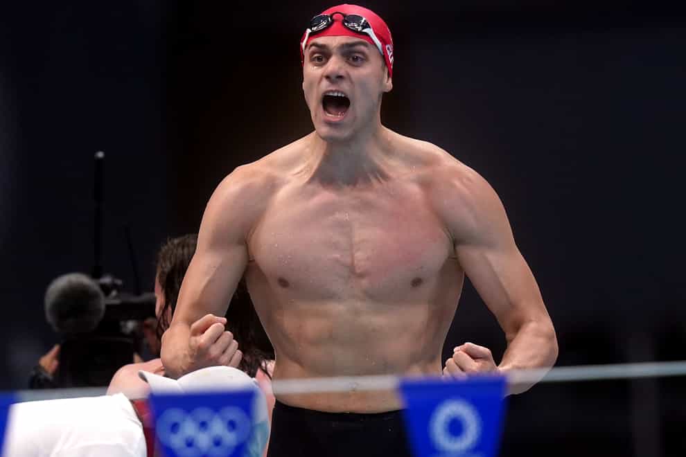 Great Britain’s James Guy celebrates the gold medal in the mixed medley relay final (Adam Davy/PA)