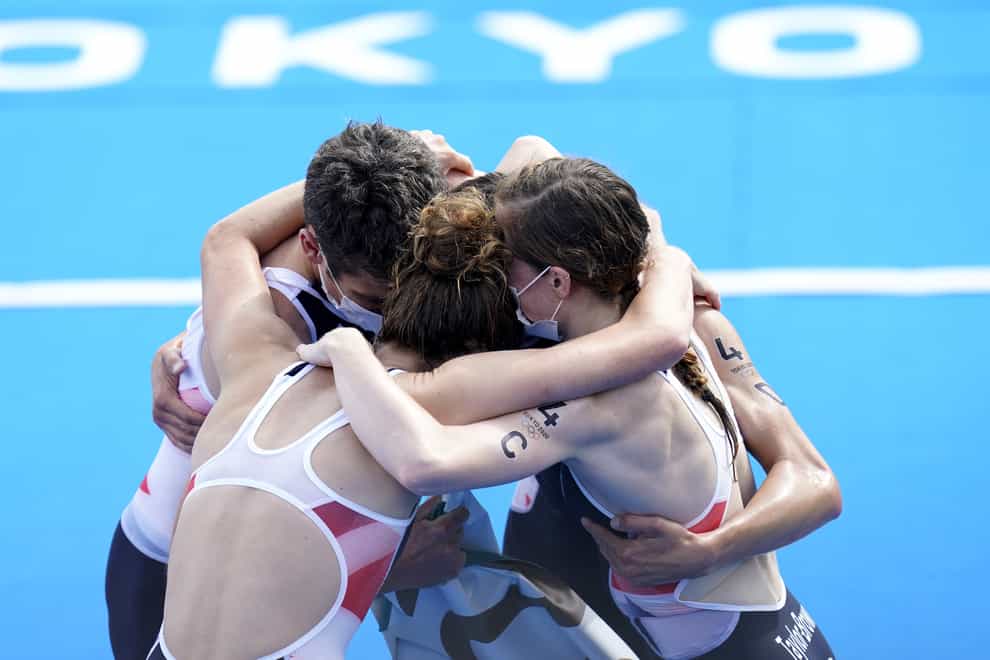 Great Britain’s Jonathan Brownlee, Alex Yee, Jessica Learmonth and Georgia Taylor Brown celebrate gold in the Triathlon mixed relay (Danny Lawson/PA)