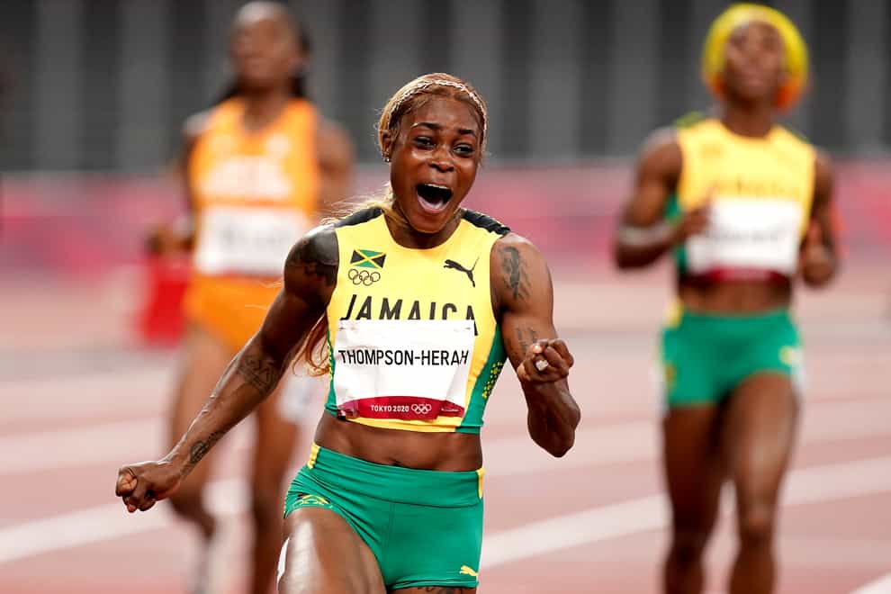 Jamaica’s Elaine Thompson-Herah celebrates winning the 100m. (Mike Egerton/PA)