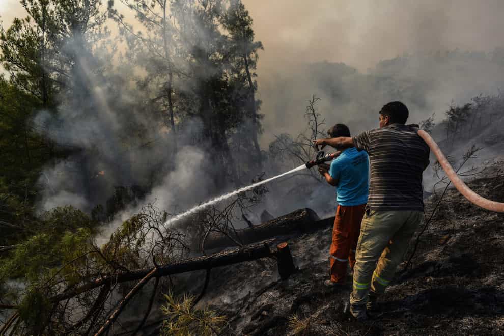 Villagers water trees to stop the wildfires that continue to rage in Antalya, Turkey (AP)