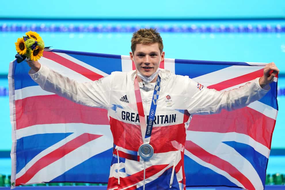Duncan Scott on the podium for the Men’s 200m Individual Medley Final after winning silver (Joe Giddens/PA)