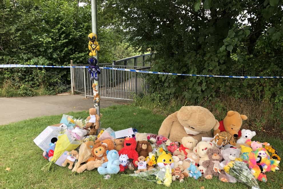 Tributes left in Pandy Park in Bridgend, South Wales, near to where a five-year-old boy was found dead in the Ogmore River (Claire Hayhurst/PA)