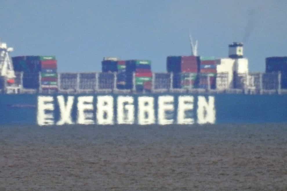 The container ship Ever Given, chartered and operated by container transportation and shipping company Evergreen Marine, waits off the Suffolk coast for a berth at Felixstowe docks.