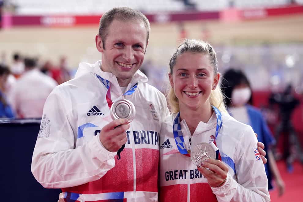 Great Britain’s Laura Kenny and Jason Kenny with their silver medals at the Izu Velodrome (Danny Lawson/PA)