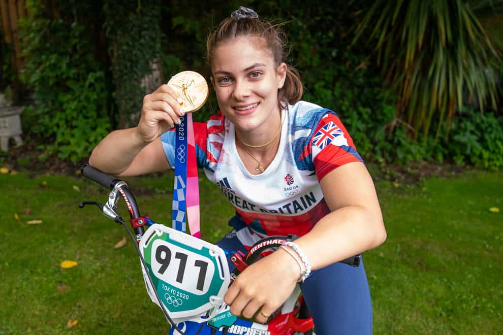 BMX gold medallist Beth Shriever on her bike at her home in Finchingfield, Essex, after returning from the Olympics in Tokyo (Aaron Chown/PA)