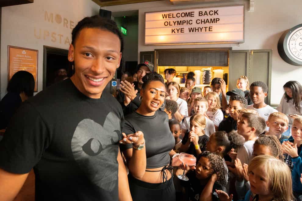 Silver medallist BMXer Kye Whyte at a welcome home party at the Prince of Peckham Pub in London (James Manning/PA)