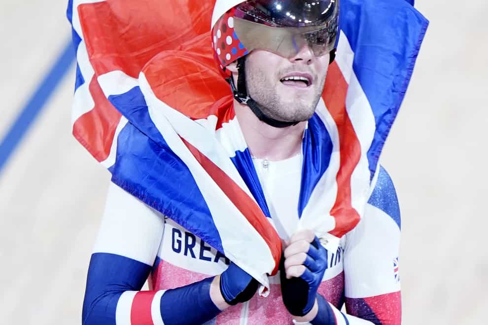 Great Britain’s Matt Walls celebrates gold in the men’s omnium (Danny Lawson/PA Images).