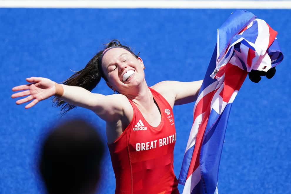 Laura Unsworth celebrates Great Britain’s bronze after a thrilling 4-3 win over India (Adam Davy/PA Images).