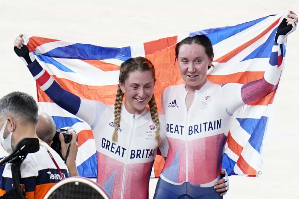 Great Britain’s Laura Kenny, left, and Katie Archibald celebrate winning gold in the women’s Madison final (Danny Lawson/PA)
