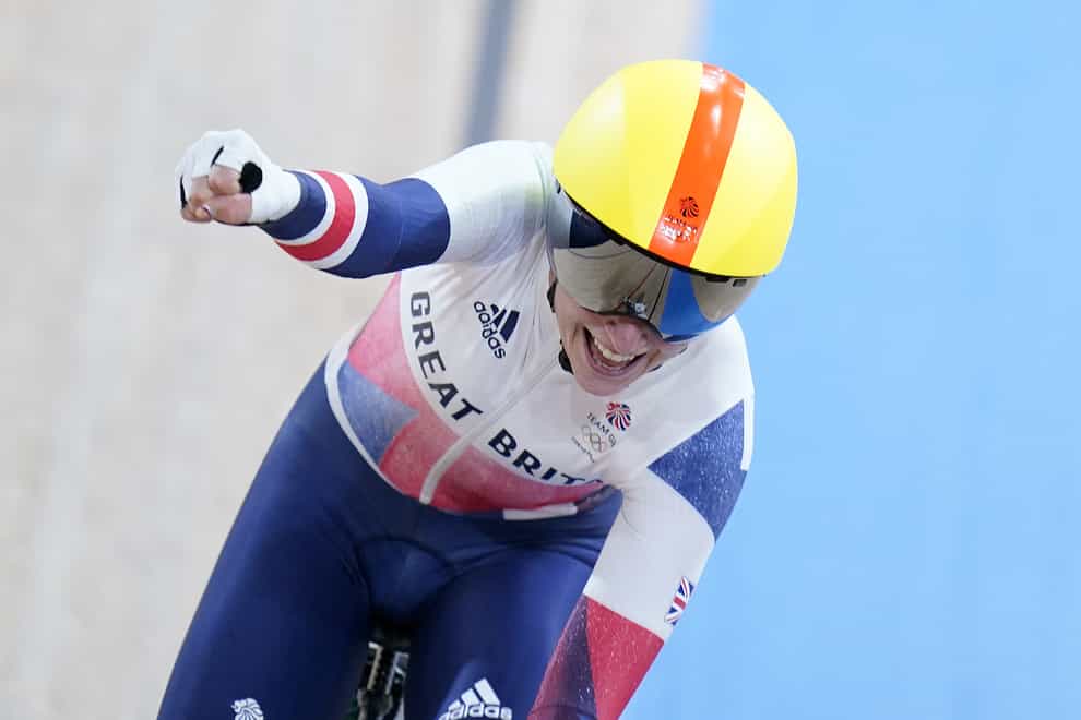 Great Britain’s Laura Kenny celebrates winning gold in the women’s Madison (Danny Lawson/PA)