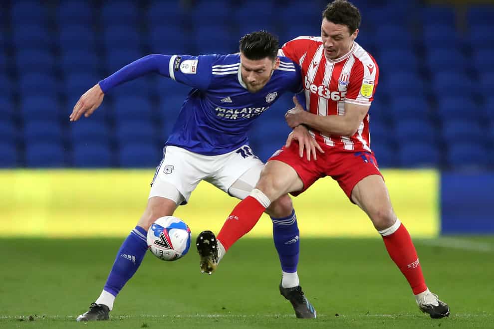 Kieffer Moore (left) could be on the bench for Cardiff’s opener (Nick Potts/PA)