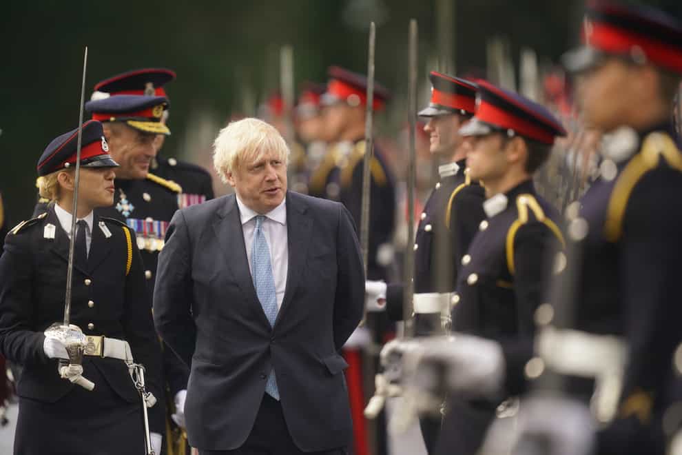 Prime Minister Boris Johnson at the Sovereign’s Parade at Royal Military Academy Sandhurst in Camberley (Steve Parsons/PA)