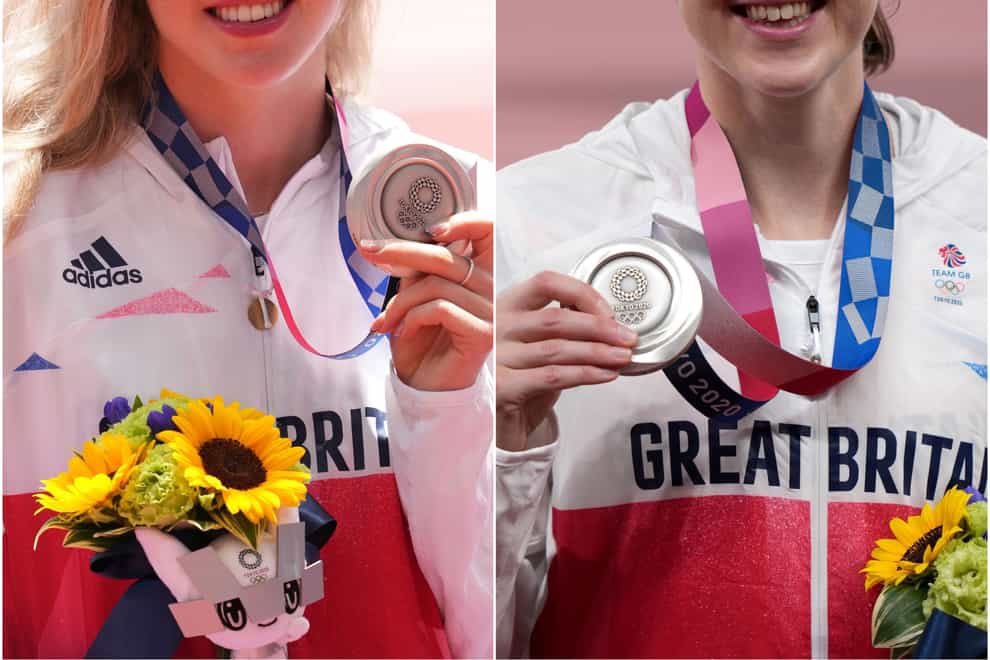 Keely Hodgkinson, left, and Laura Muir celebrate silver medals in Tokyo (Martin Rickett/Joe Giddens/PA)