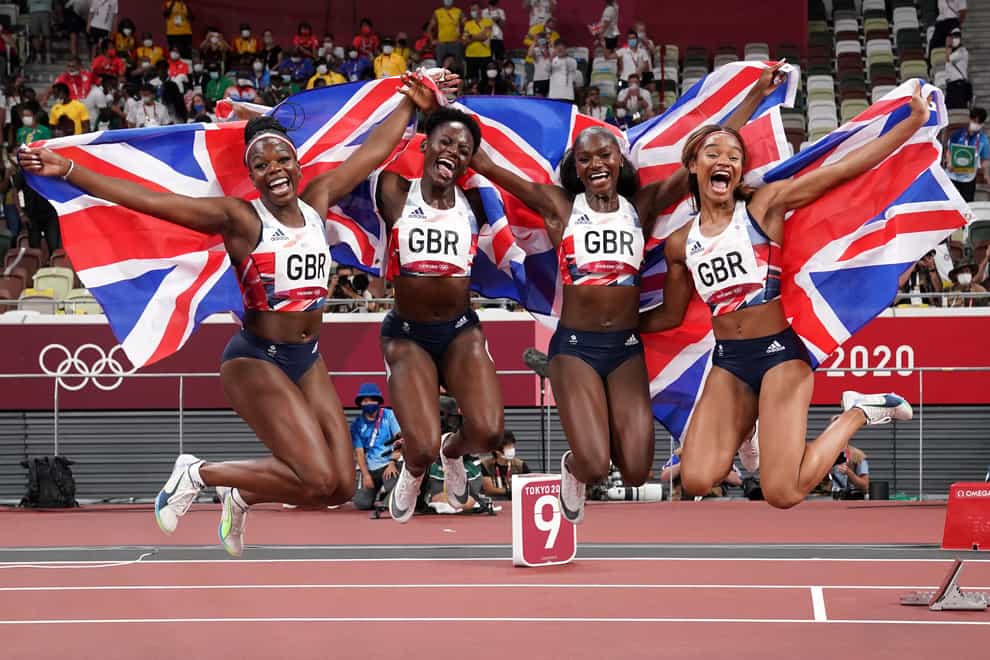 Great Britain’s Dina Asher-Smith, Imani Lansiquot, Daryll Neita and Asha Philip celebrate bronze in the women’s 4x100m final (Mike Egerton/PA)