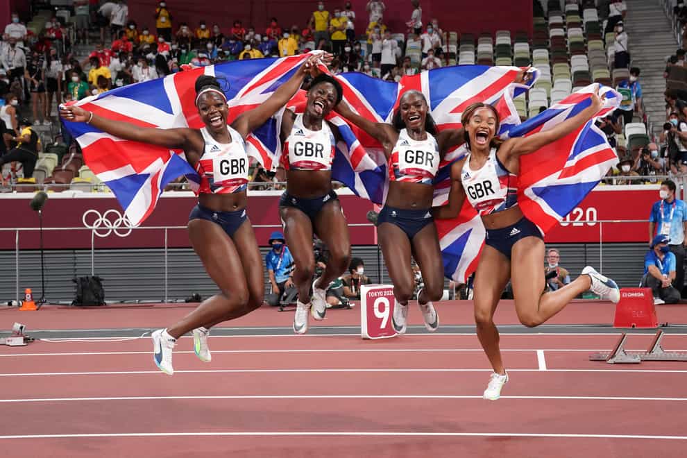 Great Britain’s Asha Philip, Daryll Neita, Dina Asher-Smith and Imani-Lara Lansiquot celebrate bronze (Martin Rickett/PA)