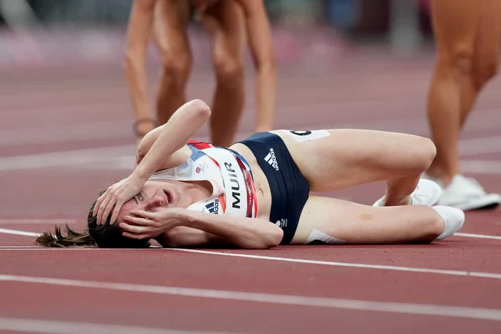 Great Britain’s Laura Muir reacts after crossing the line to win silver (Martin Rickett/PA)