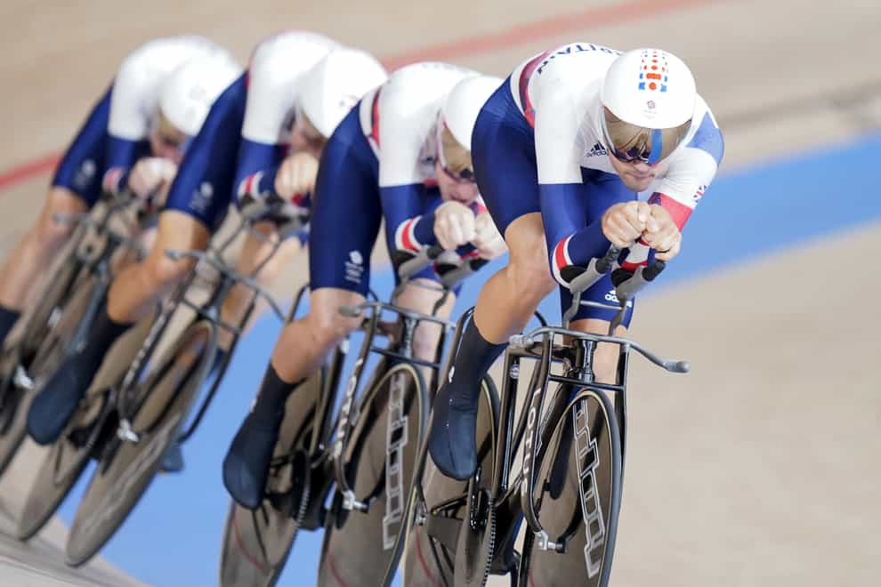 Great Britain’s Charlie Tanfield. Ethan Hayter, Ethan Vernon and Oliver Wood in the men’s team pursuit during the track cycling at the Izu Velodrome at the Tokyo 2020 Olympics (Danny Lawson/PA)