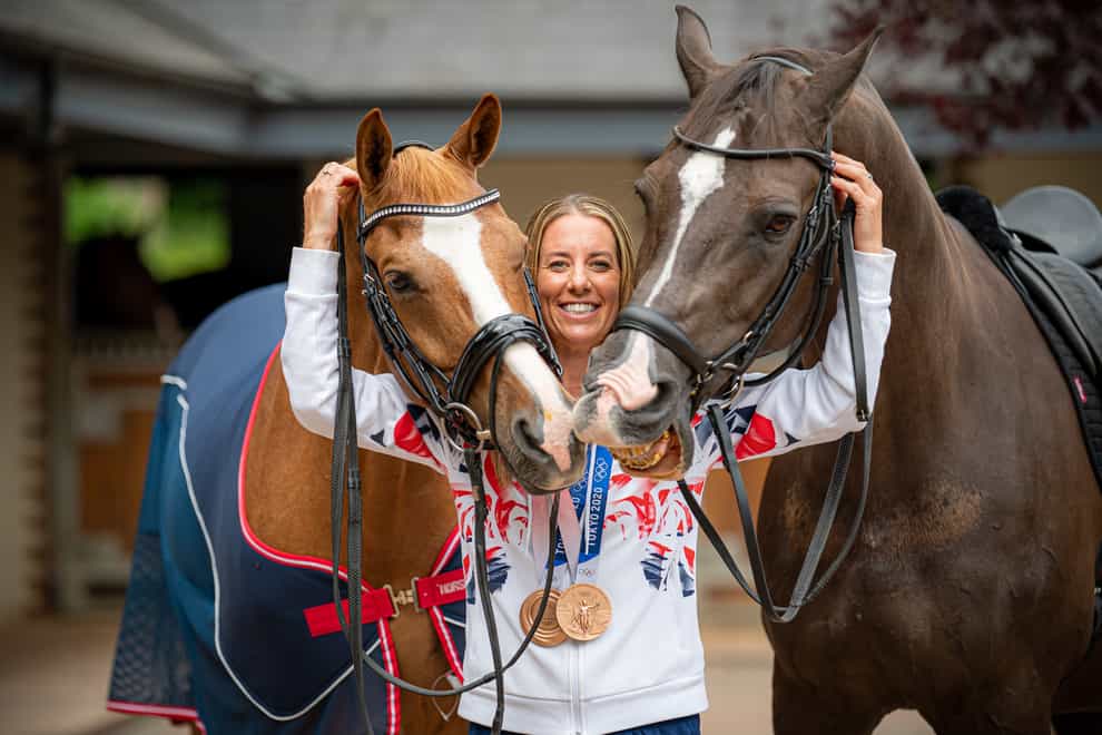 Charlotte Dujardin with her Tokyo 2020 Olympic winning horse Gio (left) and former Olympic gold medal winner Valegro (Ben Birchall/PA)