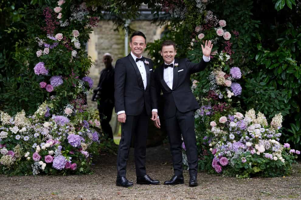 Ant McPartlin, with Declan Donnelly (right), arriving at St Michael’s church (Kirsty O’Connor/PA)