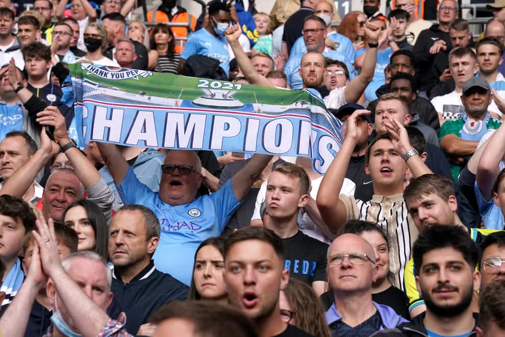 Manchester City fans in the stands at Wembley during the Community Shield match against Leicester (Nick Potts/PA).