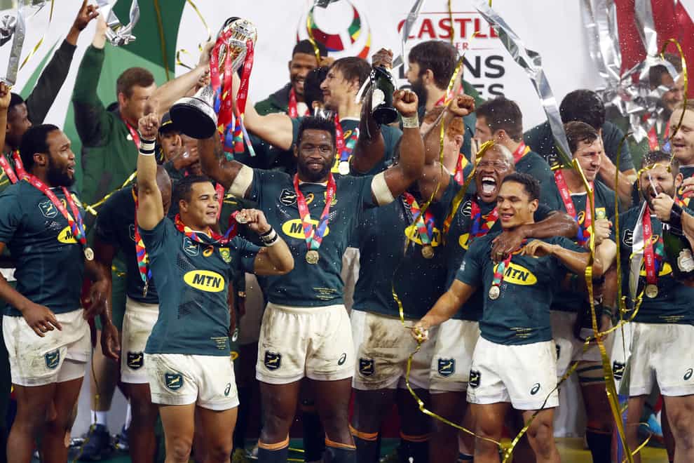 South Africa’s Siya Kolisi lifts the tour trophy following victory over the British and Irish Lions (Steve Haag/PA)