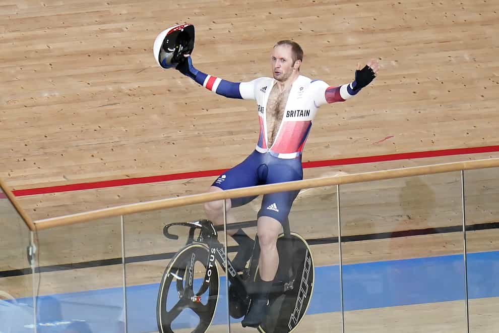 Great Britain’s Jason Kenny celebrates after winning gold in the Men’s Keirin Finals 1-6 at the Izu Velodrome (Danny Lawson/PA)