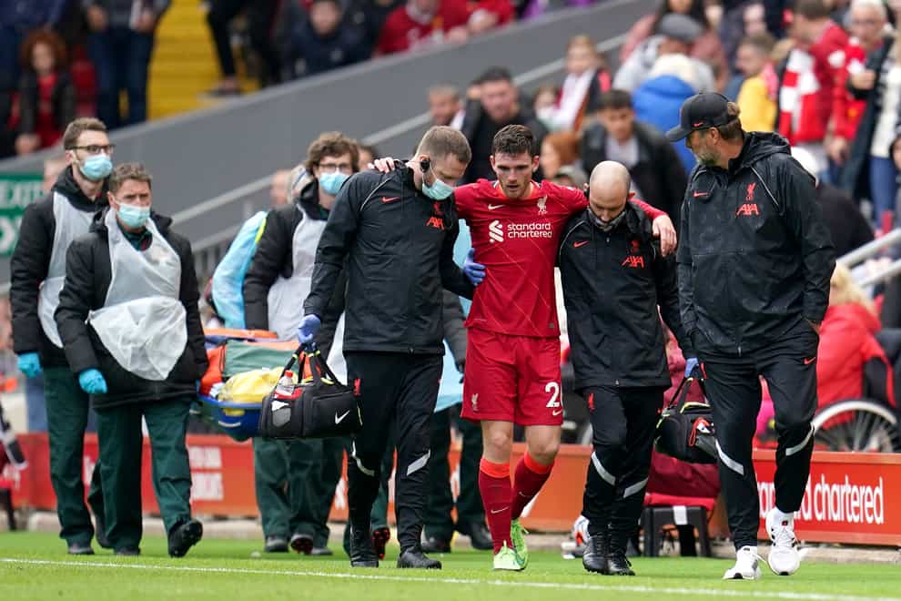 An injury to Andy Robertson leaves manager Jurgen Klopp sweating on the fitness of his left-back for next weekend’s Premier League opener at Norwich (Nick Potts/PA)