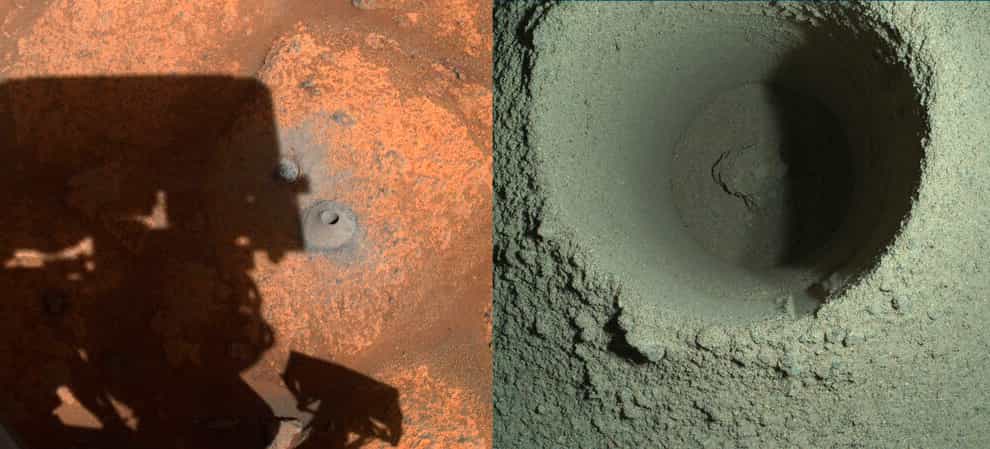 This pair of images made available by NASA shows the drill hole from Perseverance’s first sample-collection attempt on Mars. NASA is blaming unusually soft rock for last week’s sampling failure (NASA/JPL-Caltech/MSSS/AP)