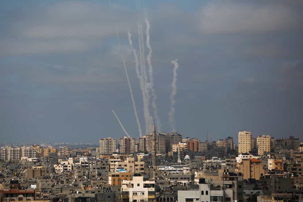 Rockets are launched from the Gaza Strip towards Israel on May 20 2021 (Hatem Moussa/AP)