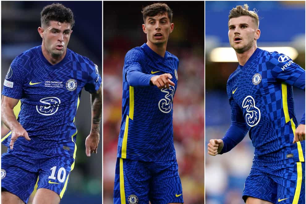 Christian Pulisic, left, Kai Havertz, centre, and Timo Werner, right, are among the most expensive signings in Chelsea’s history (PA)