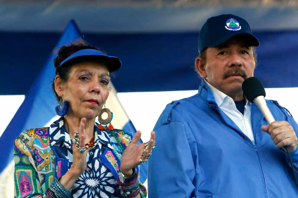 Nicaragua’s President Daniel Ortega and his wife, Vice President Rosario Murillo, lead a rally in Managua (Alfredo Zuniga/AP)