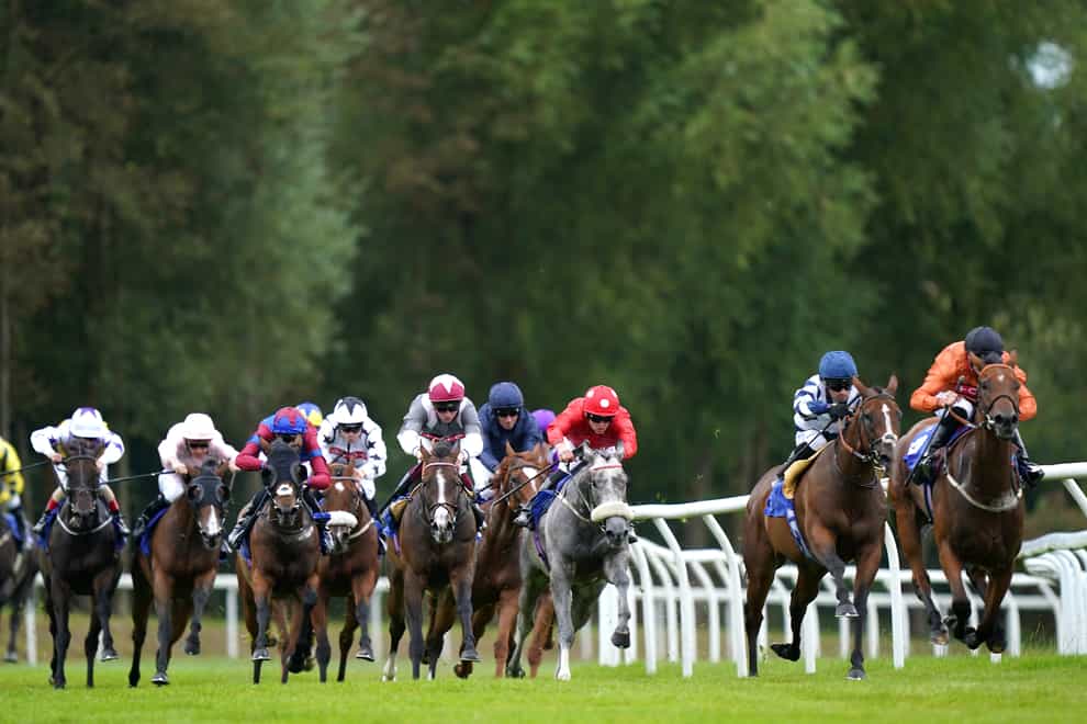 Double Or Bubble hits the front early in the straight (Tim Goode/PA)