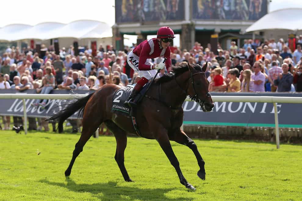 Mishriff, ridden by David Egan, romps home in the Juddmonte International Stakes at York (Nigel French/PA)