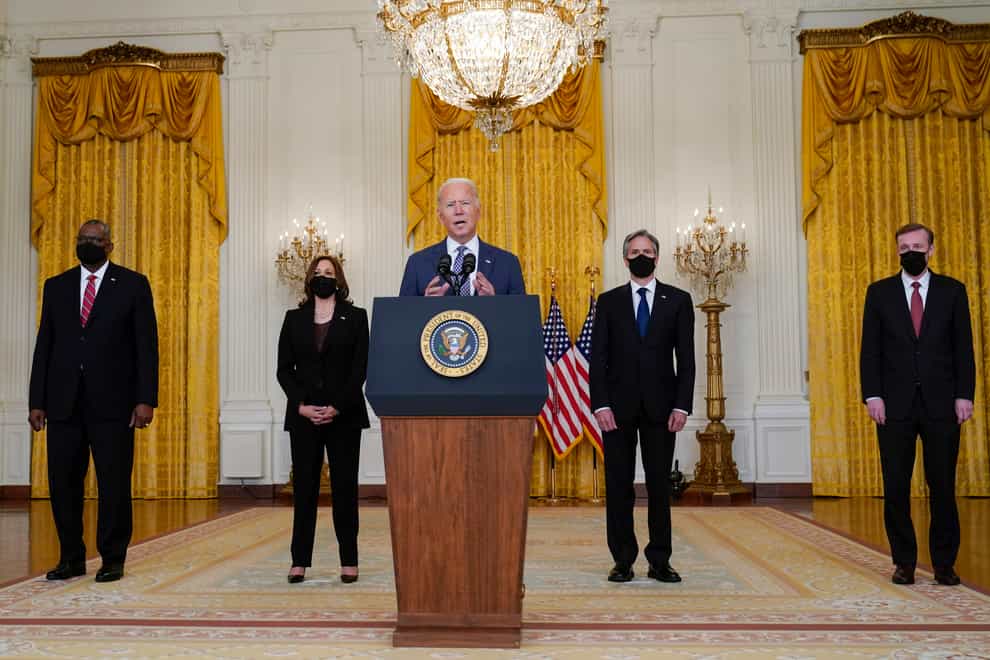 President Joe Biden speaks about the evacuation of American citizens, their families, SIV applicants and vulnerable Afghans in the East Room of the White House (Manuel Balce Ceneta/AP)