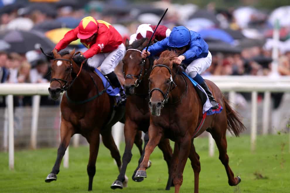 Space Blues and William Buick (right) win the Sky Bet City Of York Stakes at York (Nigel French/PA)