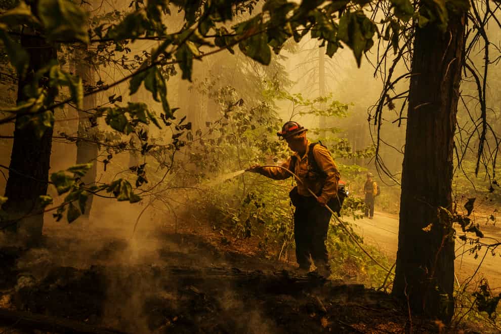 Firefighter Ryan Carpenter extinguishes flames in Hazel Valley Road, California (Ethan Swope/AP)