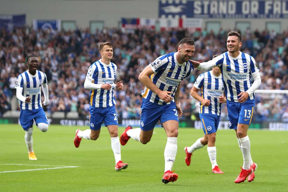 Brighton’s Shane Duffy celebrates scoring the opening goal (Kieran Cleeves/PA)