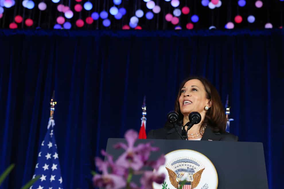 US Vice President Kamala Harris delivers a speech at Gardens by the Bay in Singapore (Evelyn Hockstein/Pool Photo via AP)