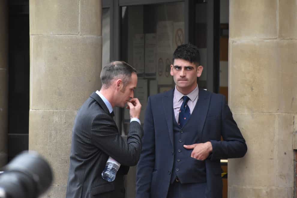 John Finnegan (left) and Rhys Matcham outside Leicester Magistrates’ Court, where they are on trial accused of breaching the 2004 Hunting Act (Matthew Cooper/PA)