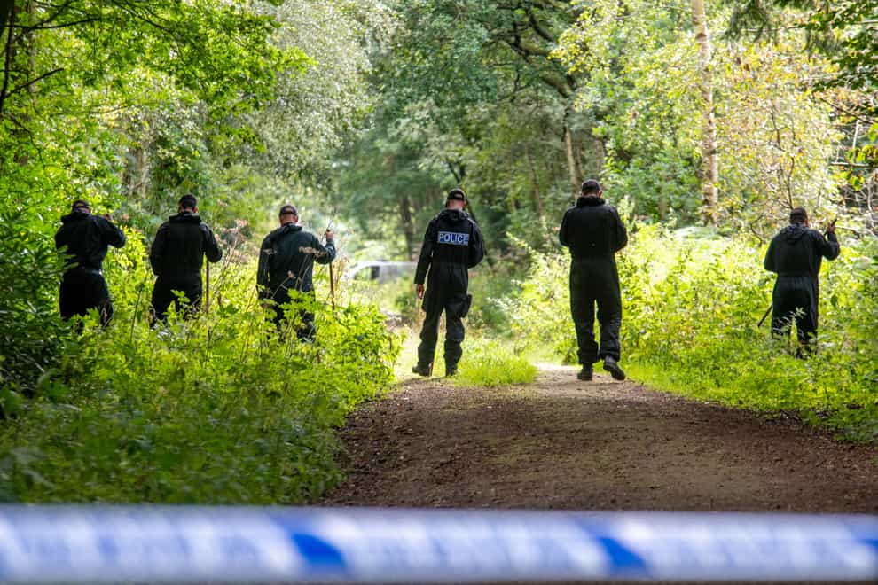 Police officers searching the land at Sand Hutton Gravel Pits near York in connection with the disappearance of missing university chef Claudia Lawrence. Ms Lawrence went missing 12 years ago and police believe she was murdered, although no body has ever been found.