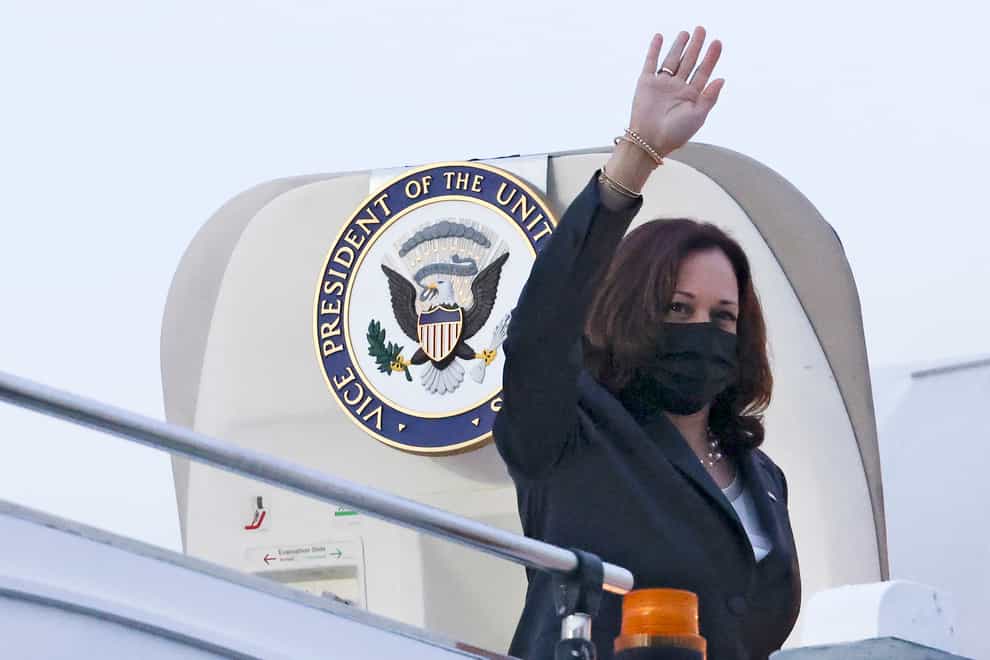 US vice president Kamala Harris waves as she departs Singapore (Evelyn Hockstein/Pool Photo via AP)