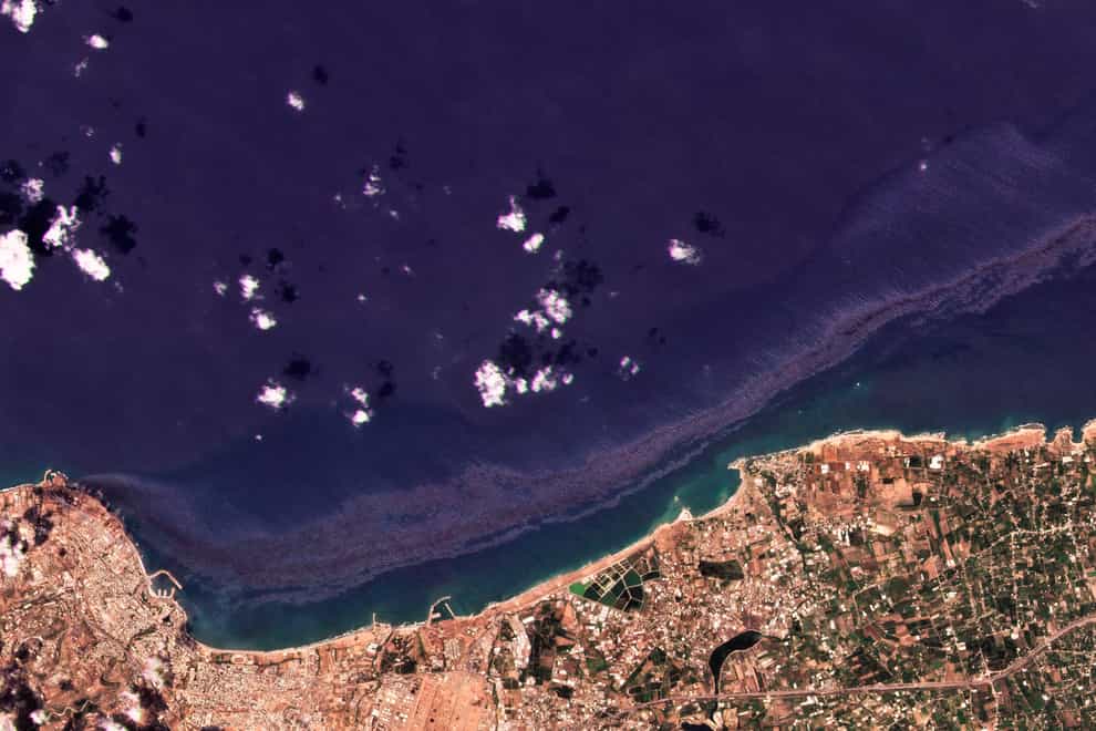 An oil spill stretching off the coast near Baniyas, Syria (Planet Labs Inc via AP)