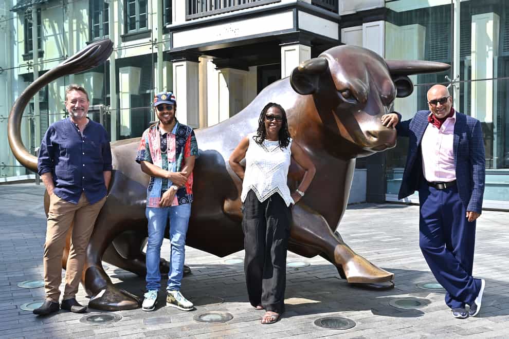 Steven Knight, Josh ‘RTKal’ Holness, Maeve Clark and Iqbal Khan, pictured near Birmingham’s Bullring mall (Birmingham 2022/PA)